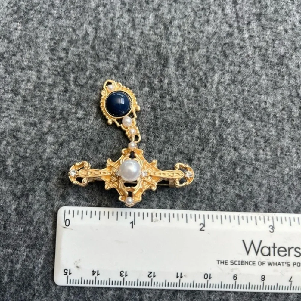 Baroque Dangle Brooch Womens OS Gold Blue Excellent Faux‎ Pearl Detachable Drop
